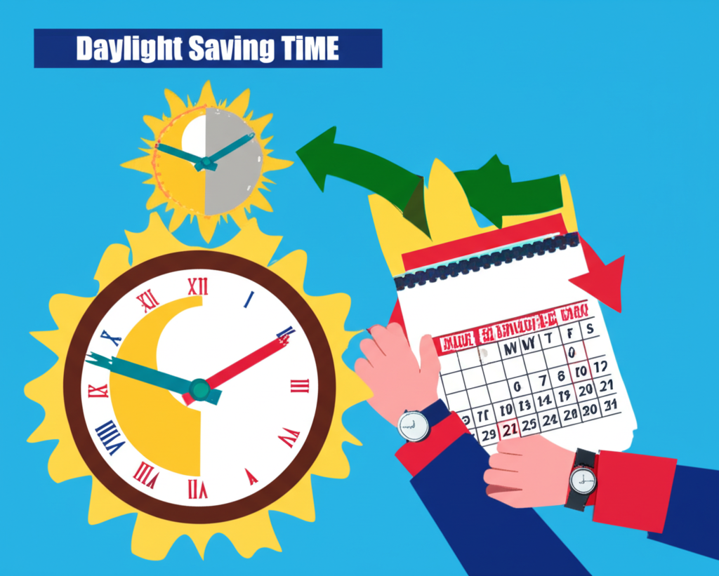 美國夏令時間與冬令時間切換示意圖,顯示時鐘調整與節日標記