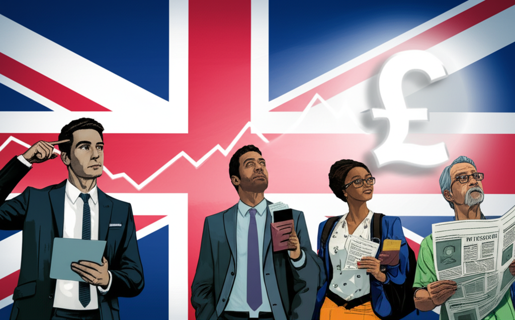 投資者、旅客和退休人士注視波動英鎊符號的插圖,英國國旗背景象徵經濟與政治影響