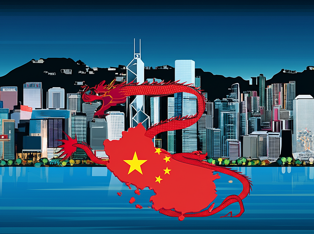 香港天際線與紅龍連接中國大陸地圖的插圖,象徵經濟聯繫與資本流動的全球金融樞紐