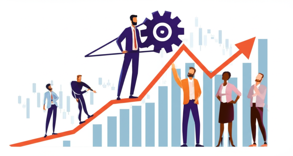 投資人自信運用槓桿工具導航動態股市圖表,周圍觀眾謹慎旁觀,象徵機會與風險並存的金融未來