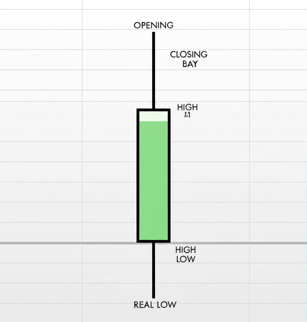 數位股票圖表上的K線蠟燭圖插圖,清楚標示單日開盤、最高、最低與收盤價