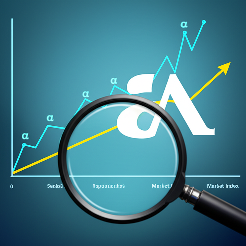 金融圖表顯示投資線條超越市場指數,放大鏡突出Alpha超額報酬