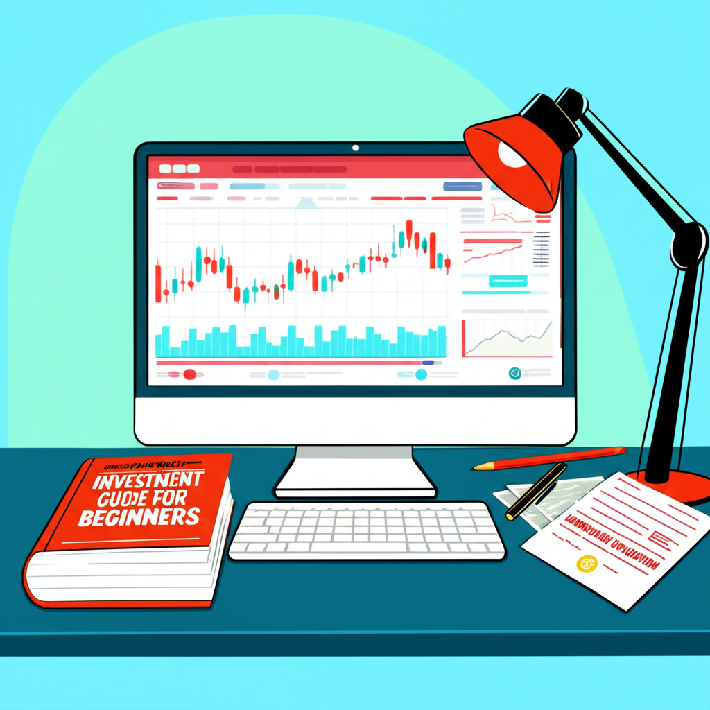 初學投資者在桌前查看股價圖表與投資指南,旁邊擺放開戶文件