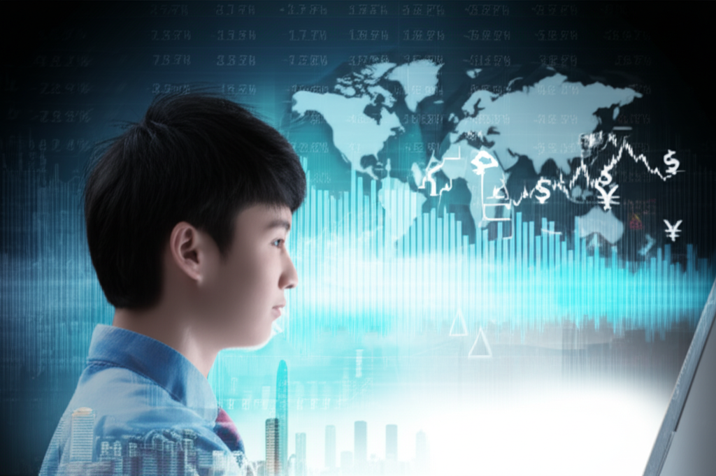 年輕台灣或香港投資者觀看發光的股票圖表,背景有全球經濟符號,象徵財富增長與國際投資的志向與新開始