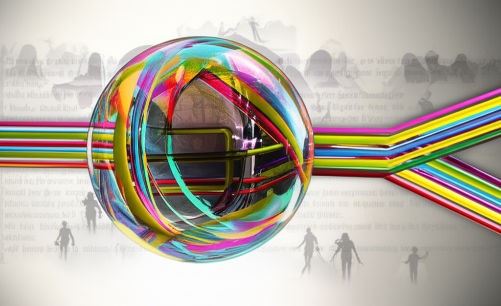 活力四射的能源交易平台插圖,管道與數據流快速膨脹成脆弱氣泡,陰影人物暗示隱藏風險與標記至市價會計濫用