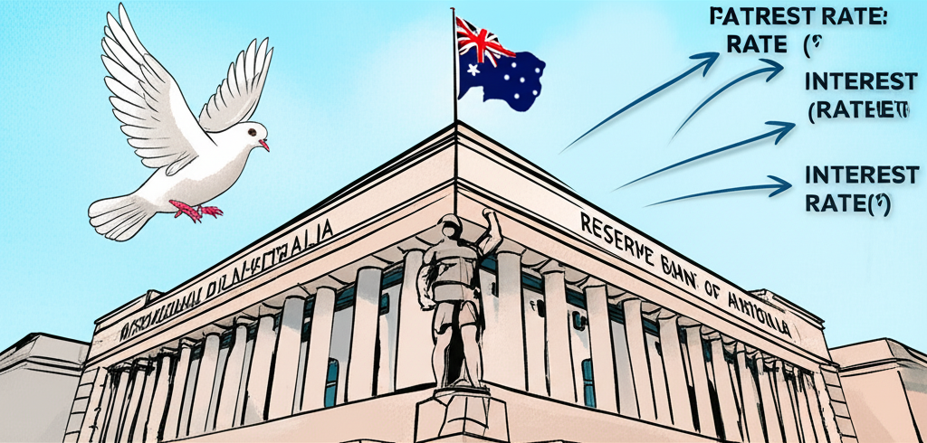 澳洲儲備銀行建築物與鴿子象徵鴿派政策,箭頭顯示資金從澳洲流向高利率國家的插圖
