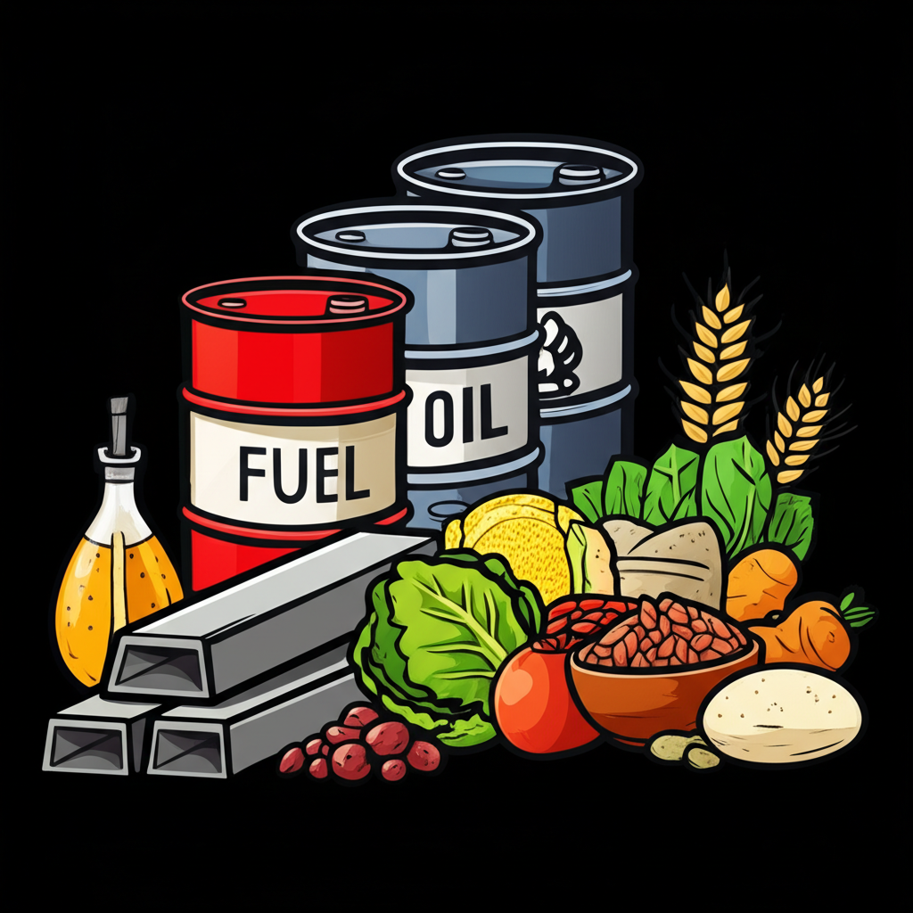 全球經濟基礎與大宗商品插圖,展示燃料、鋼鐵和糧食等原料如何支撐日常生活與資產配置機會