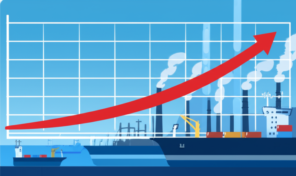 貨船與工廠代表台灣出口經濟的插圖,伴隨貿易順差圖表顯示台幣需求增加,突顯出口導向優勢