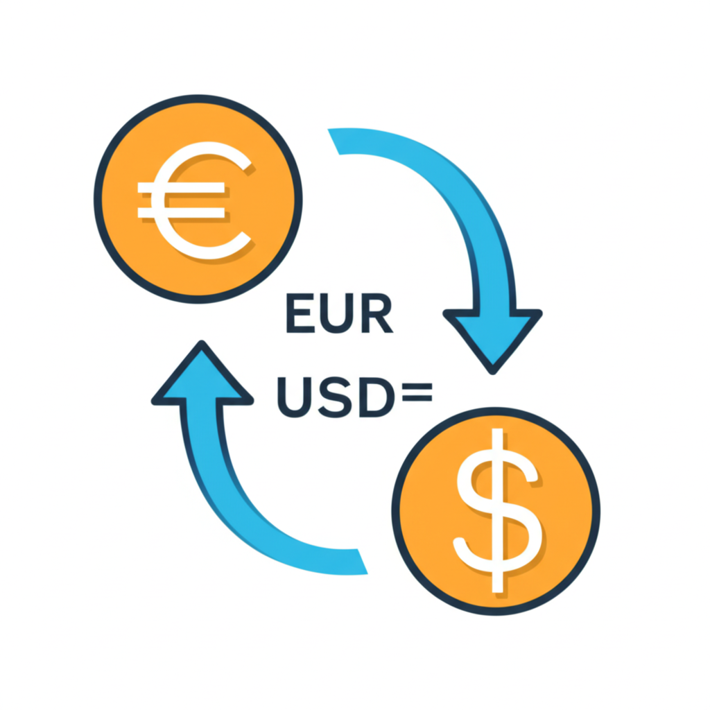 數位貨幣兌換介面顯示歐元與美元符號及匯率,伴隨買賣交易箭頭的簡潔風格