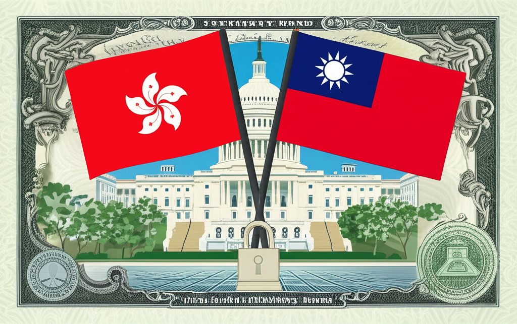 美國公債憑證與美國國會大廈背景,台灣香港旗幟代表國際投資者