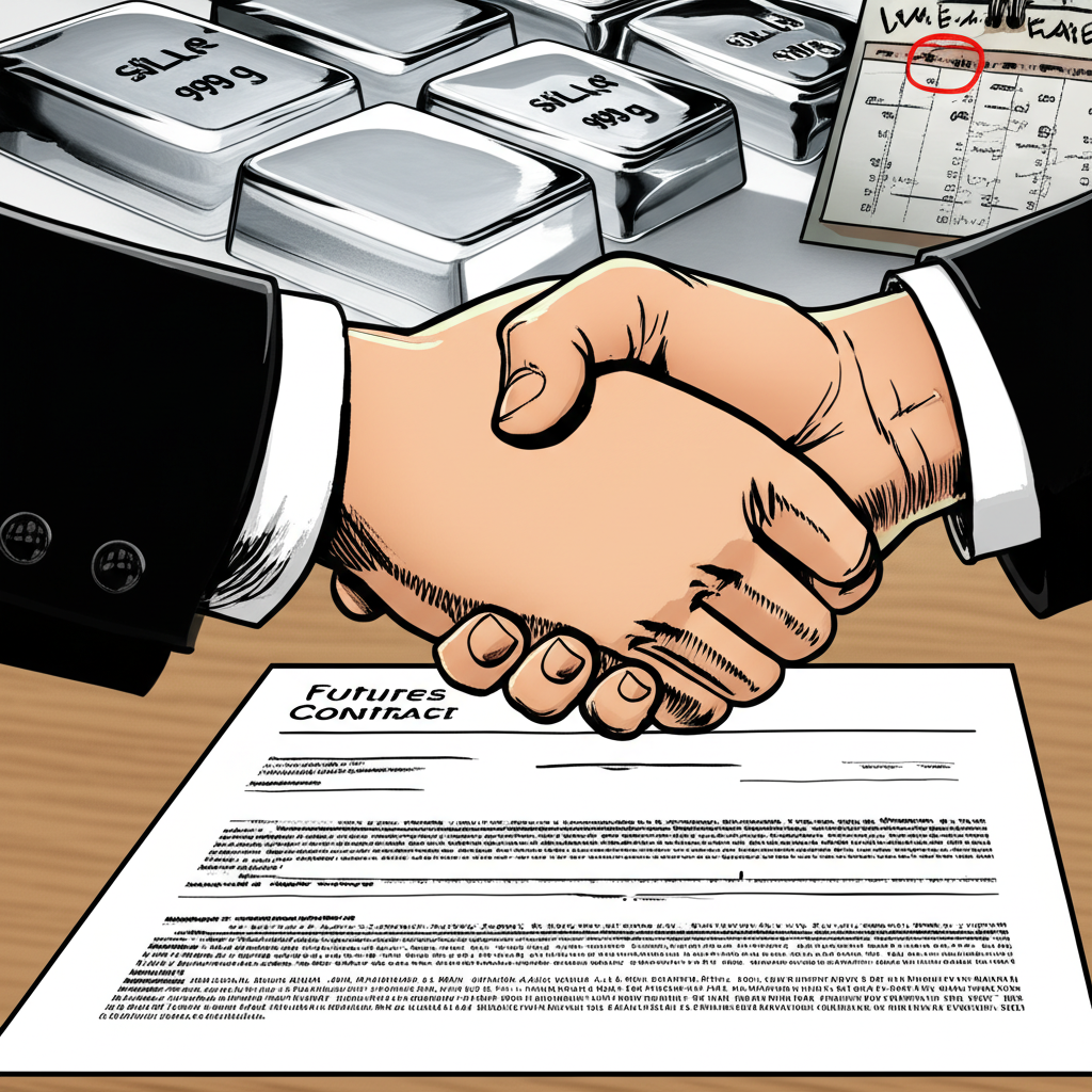 兩手握手簽訂期貨合約文件,背景有銀錠與未來日期日曆,象徵金融衍生工具