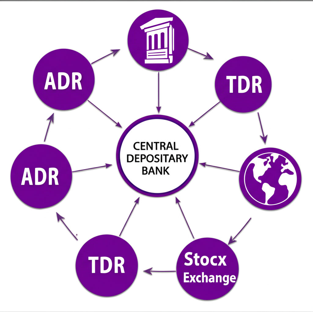 一座中央存託銀行作為樞紐,連接全球不同股票交易所,箭頭顯示股票流動與憑證發行,代表ADR、GDR和TDR的運作
