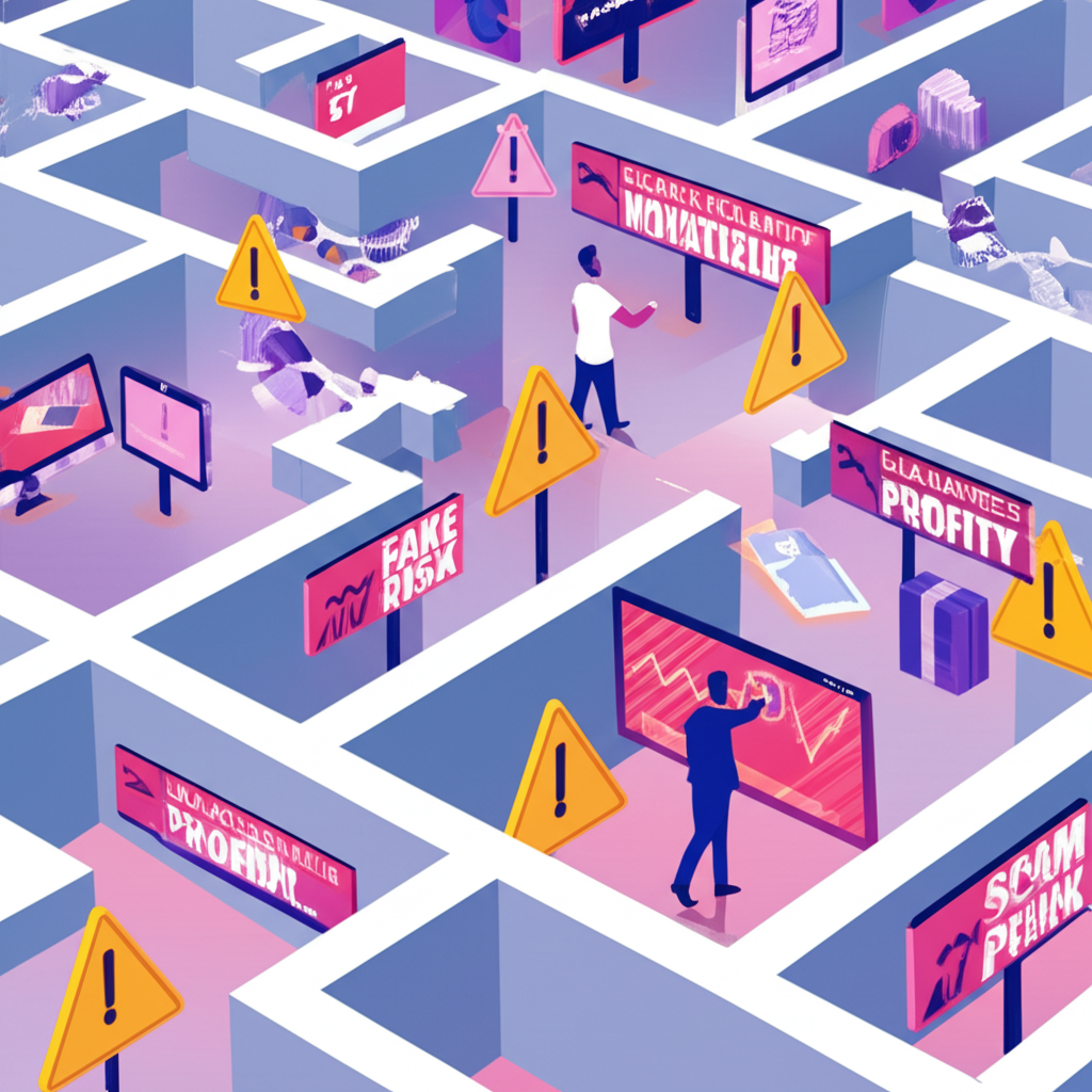 投資者穿越充滿金融風險和詐騙陷阱的迷宮,包含市場波動、假平台和欺騙承諾的符號,以及警告標誌