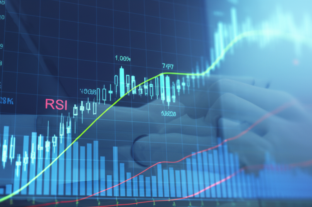 RSI指標圖表顯示市場動量與相對強度,分析師在辦公室檢視股票價格