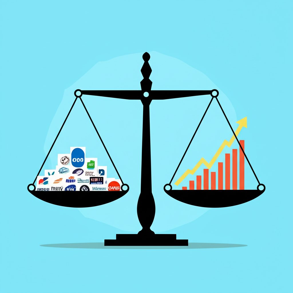 市值加權計算示意圖,巨型天平平衡公司標誌與股票圖表,強調自由流通股影響