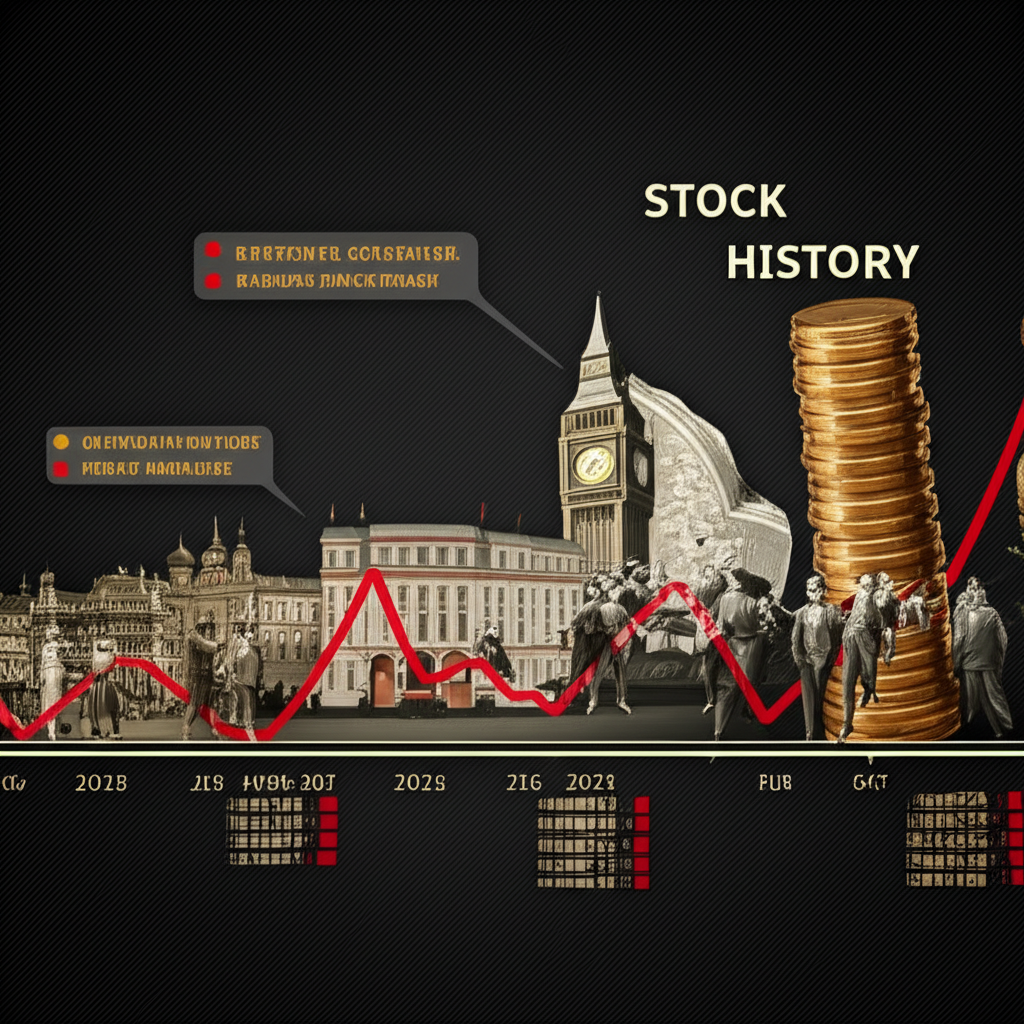 英國經濟歷史時間軸,標註股市崩盤與復甦事件與圖表線條