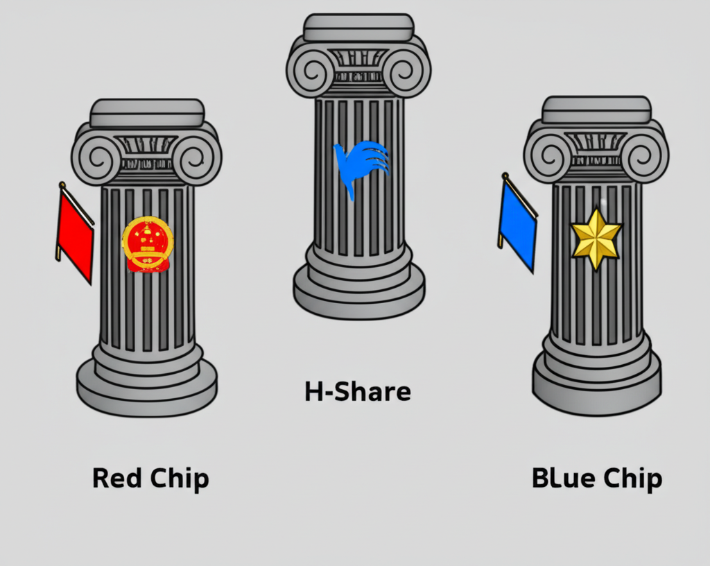 三個不同股票市場支柱的插圖,分別標示紅籌股、H股和藍籌股,各以獨特符號代表