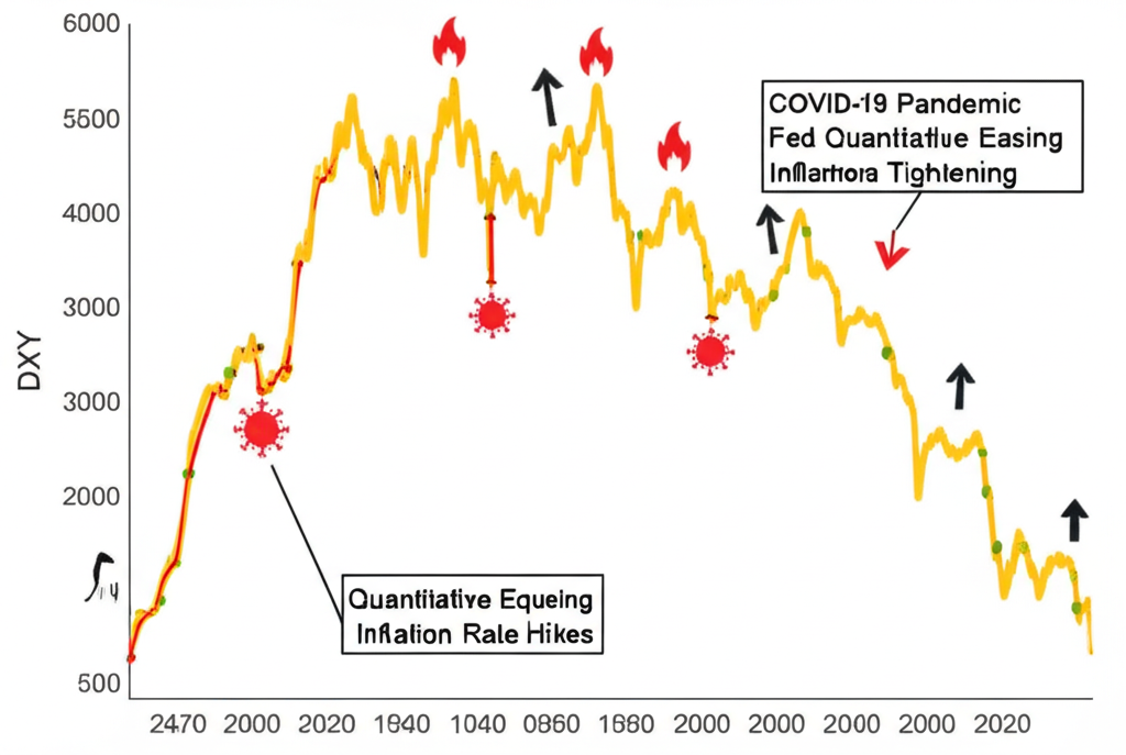 五年美元指數圖表，標註新冠疫情、聯準會寬鬆與緊縮、通膨及升息事件