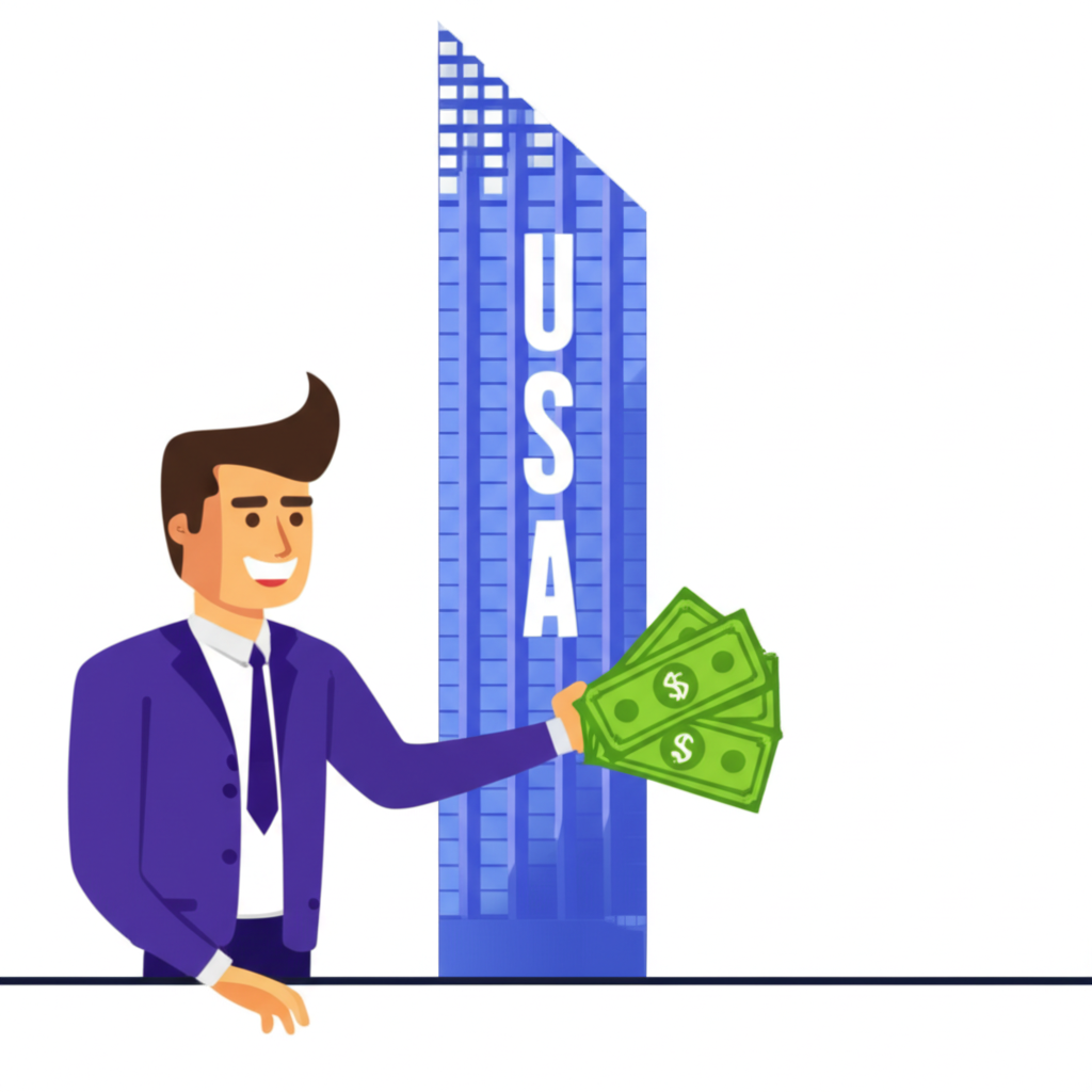 快樂投資者從美國公司建築接收現金股息，象徵利潤分配與財務健康插圖