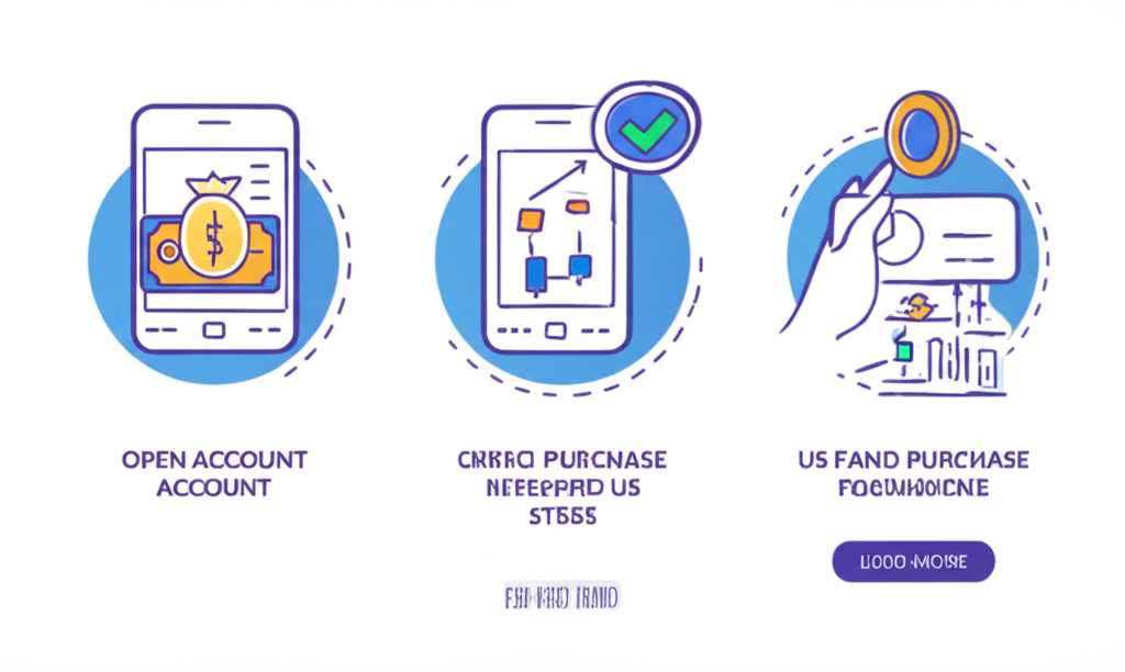購買美國基金的步驟指南示意圖,包含開戶、轉帳與交易等動作在數位介面上進行