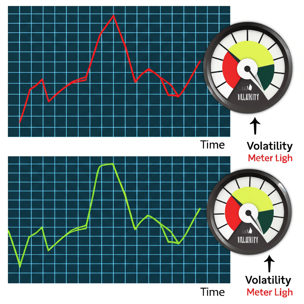 股票價格圖表顯示高波動的劇烈漲跌與低波動的平穩曲線,箭頭指向波動率計量儀