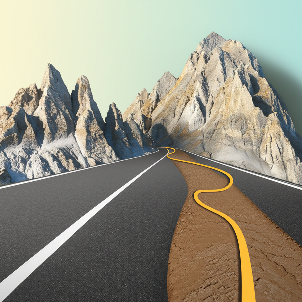 Illustration of a smooth road through mountains representing moving average smoothing market price fluctuations
