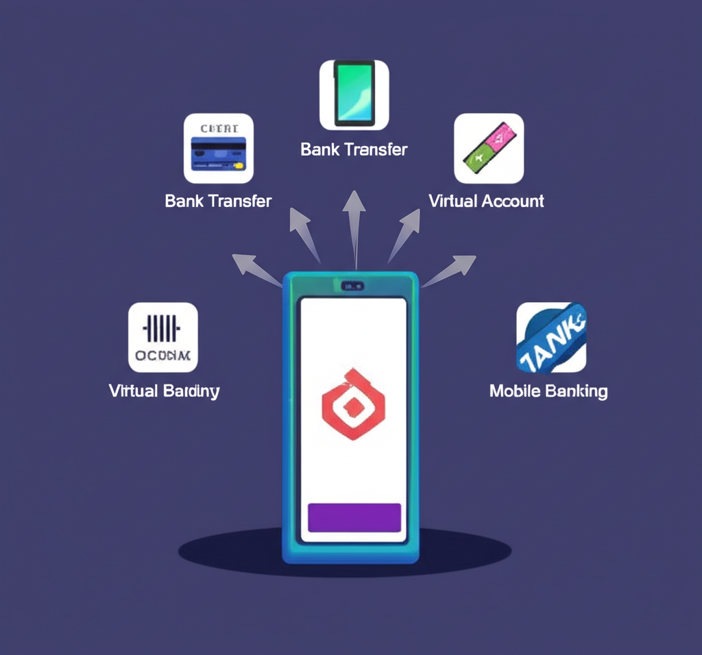 各種入金方法如銀行轉帳、虛擬帳號和行動銀行應用程式的圖示，資金匯入中央交易平台的插圖，展示多樣選擇