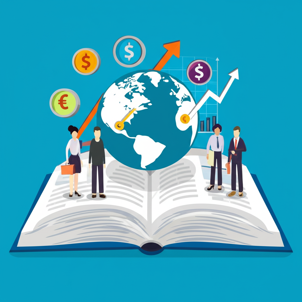 白銀期貨指南書籍插圖,包含財務圖表、箭頭、貨幣符號與強調台灣香港的地球儀,多樣投資者學習場景
