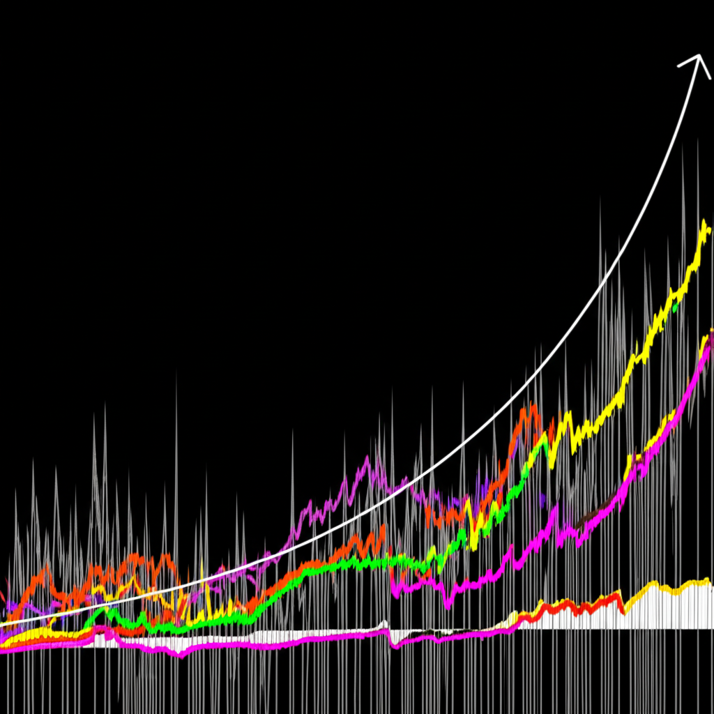Upward trending moving average line smoothing jagged price data for trend identification in trading