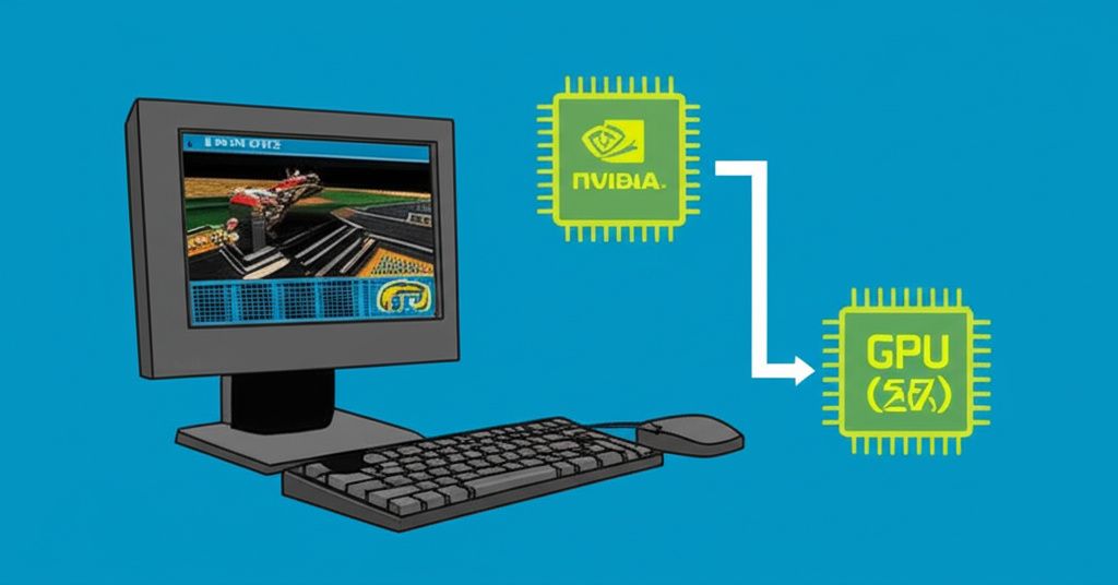NVIDIA早期發展插圖，聚焦1999年GeForce 256 GPU推出，顯示PC螢幕上的先進3D圖形，以及CPU與GPU運算轉移的簡化示意