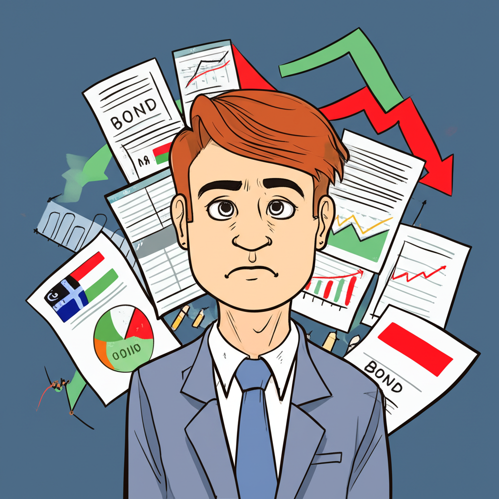 困惑投資者被複雜金融圖表和外國債券文件包圍的插圖,象徵初次接觸海外投資的迷茫