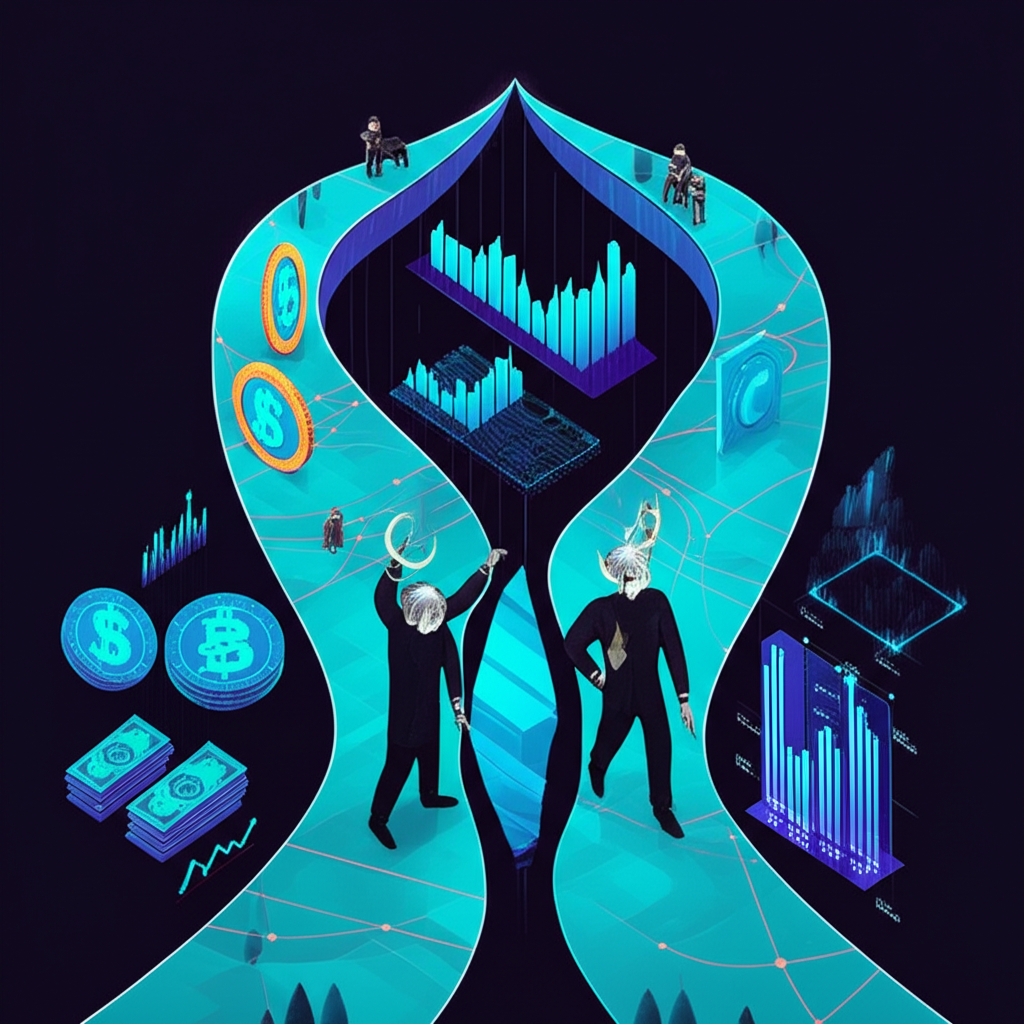 金融市場與數位資產交易所交匯的雙重意義圖示,象徵 Bullish 的多面性