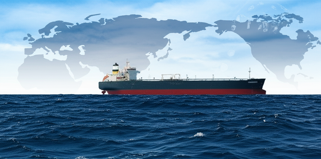 北海油輪航向歐洲、非洲和亞洲的插圖,象徵布蘭特原油的分銷網絡