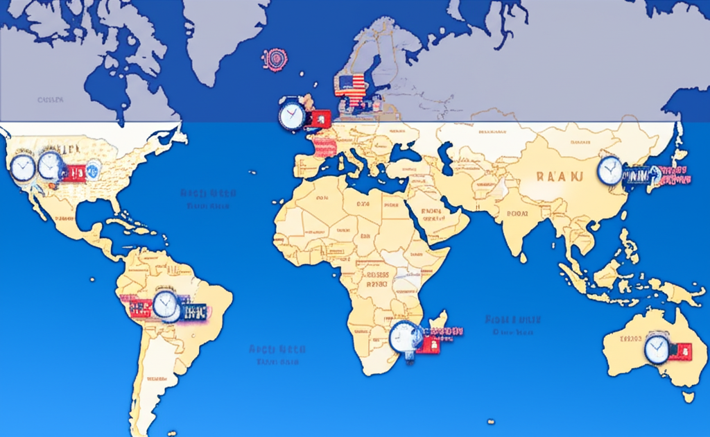 全球股市時間對照圖,世界地圖標示美國、台灣、香港時區與盤前交易鐘錶