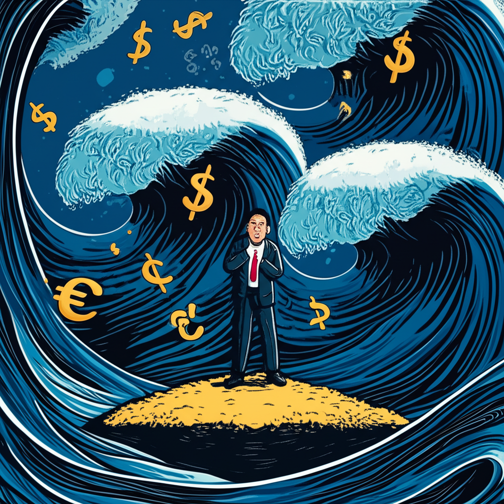 通貨膨脹浪潮中，一個人站在小島上，周圍海浪象徵物價上漲，錢幣飄走，表現出焦慮與資產保護需求