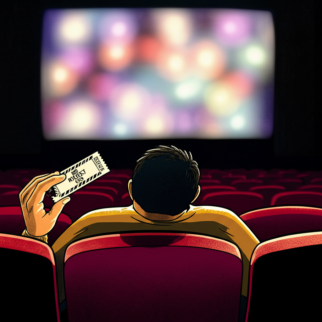電影院中無聊觀眾的沉沒成本決定插圖,握著票根卻無法離開