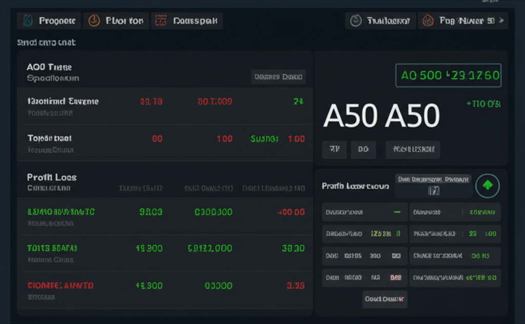 數位交易平台顯示A50期貨合約規格,包含交易時鐘和盈虧計算器的插圖