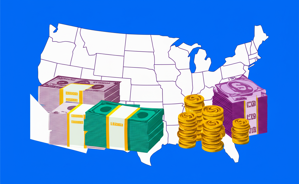 美國基金類型示意圖,包含股票、債券與現金等資產,背景為美國地圖象徵投資機會