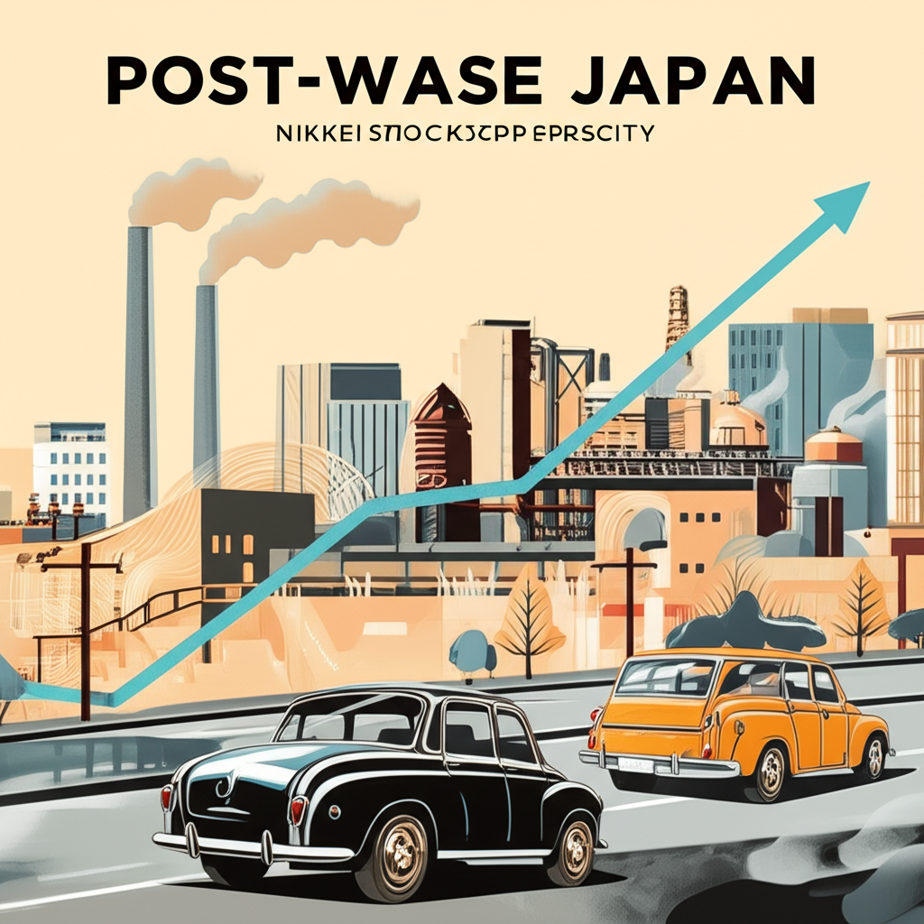 戰後日本重建插圖,展示工廠與汽車象徵經濟成長,以及1949年至1970年代日經指數穩步上漲的圖表,反映工業繁榮