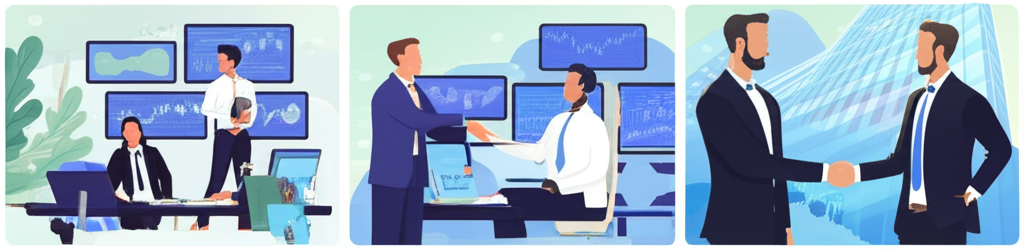 券商經紀、自營與承銷業務的動態插圖,展示多樣金融服務