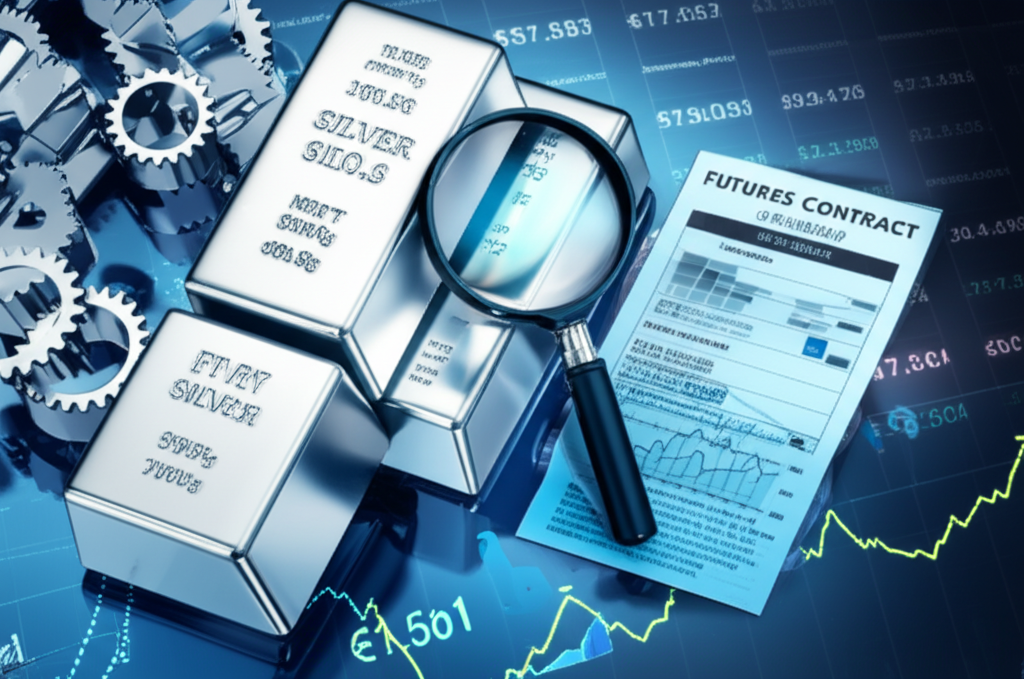 銀條與工業齒輪圖示,象徵白銀作為貴金屬與工業金屬的雙重屬性,伴隨市場波動圖表與期貨合約放大鏡