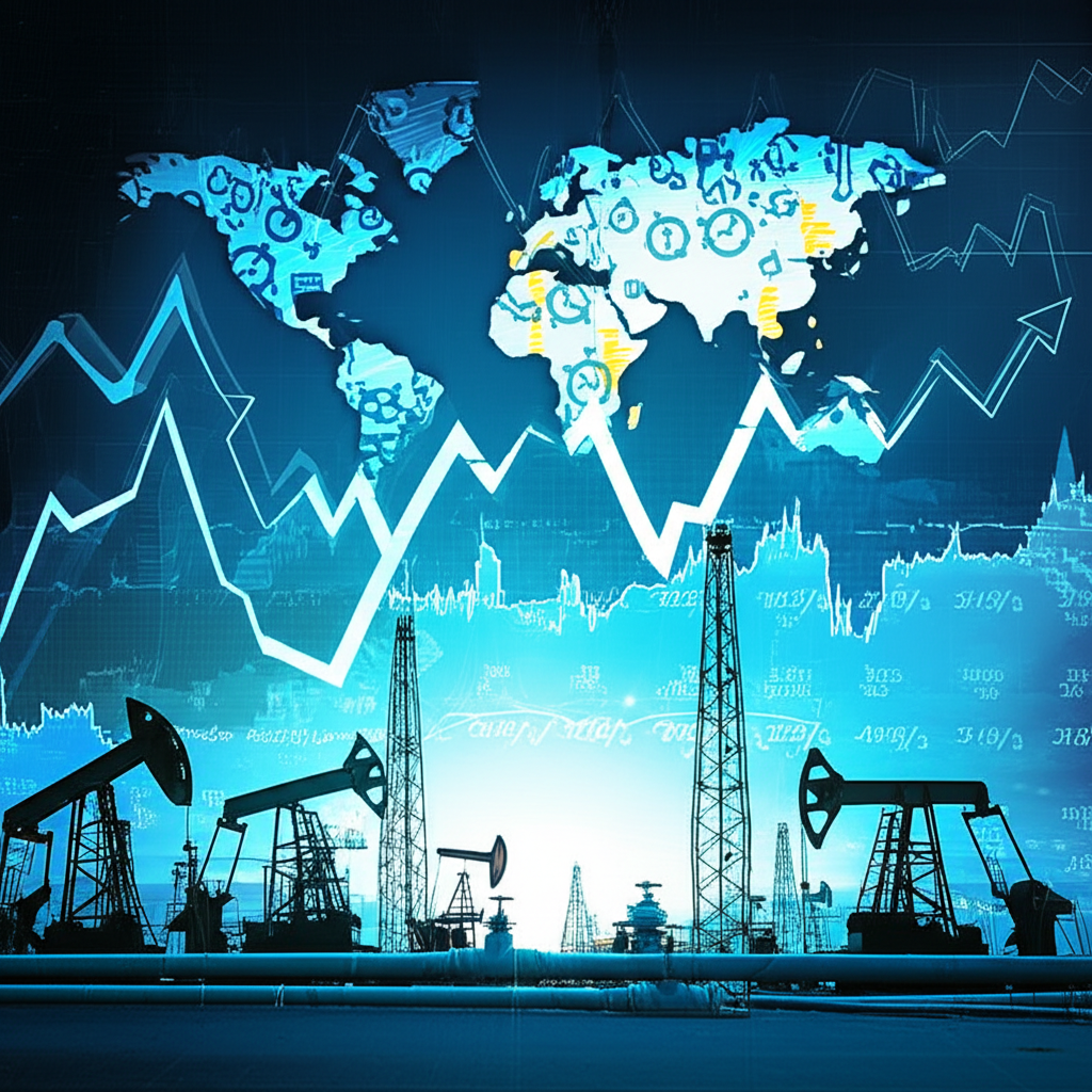 原油作為全球經濟命脈的插圖,顯示油井、管道與經濟圖表和世界地圖