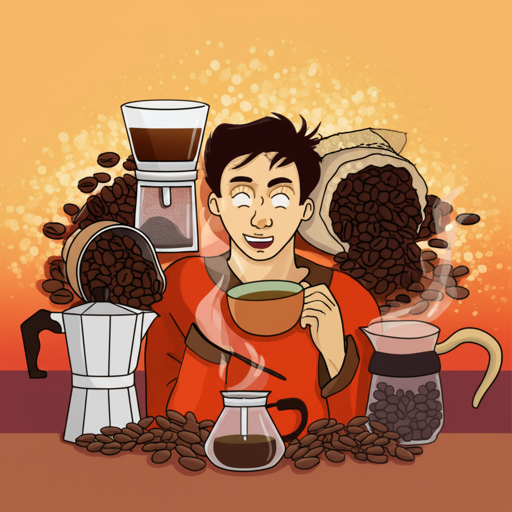 日出時愉快啜飲咖啡的人,周圍環繞各種咖啡豆和沖泡設備的溫暖邀請插圖