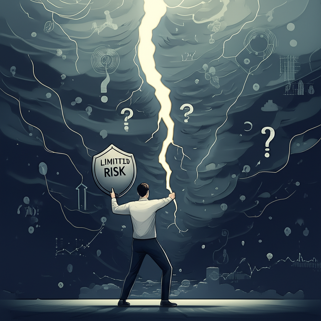 投資者面對市場風暴,手持有限風險盾牌卻顯露困惑與不確定