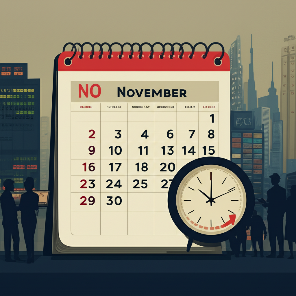 日曆標註三月至十一月期間,時鐘前移一小時,象徵夏令時間對亞洲交易者美股開盤的影響