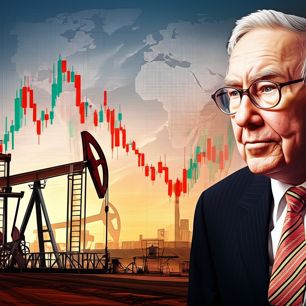 華倫·巴菲特注視西方石油油井的投資圖像,背景為全球市場圖表象徵能源合作