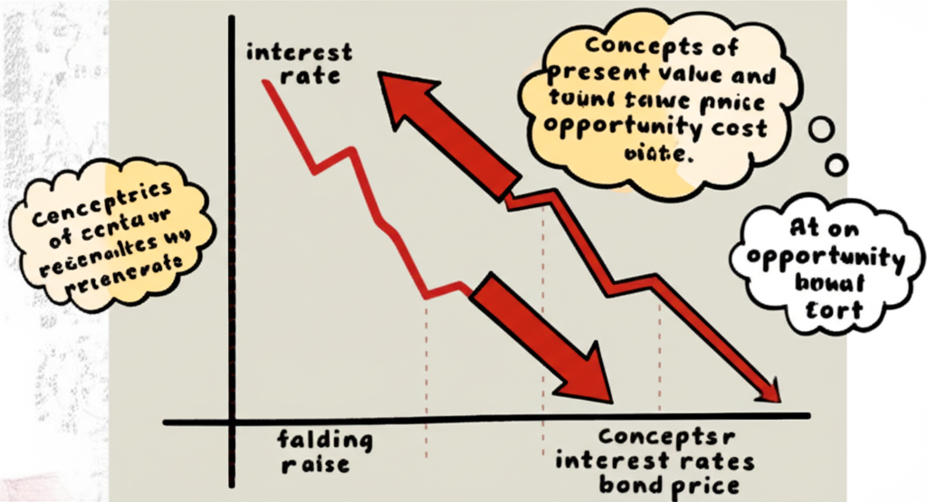 利率上升導致債券價格下跌的反向關係圖解,包含現值與機會成本概念