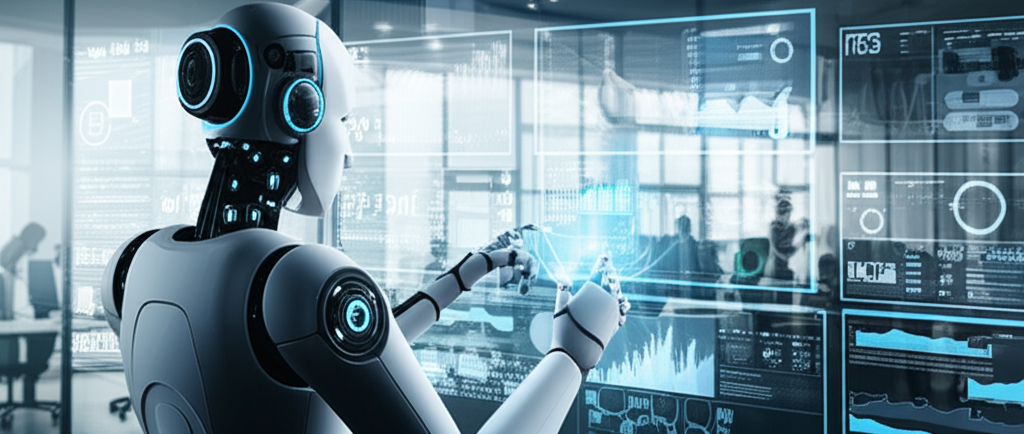 人工智慧機器人分析數據並優化廣告活動的插圖,顯示行銷專業人士在科技辦公室中協作的多螢幕場景