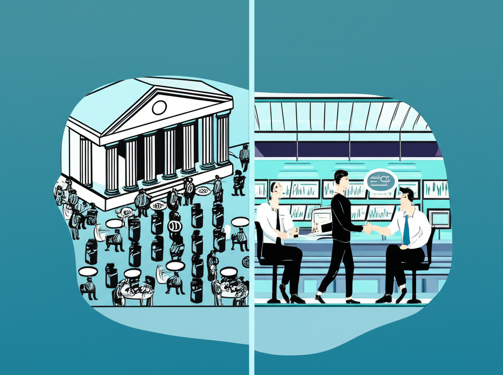 場外交易與交易所比較插圖,一側集中交易所,一側私人互動