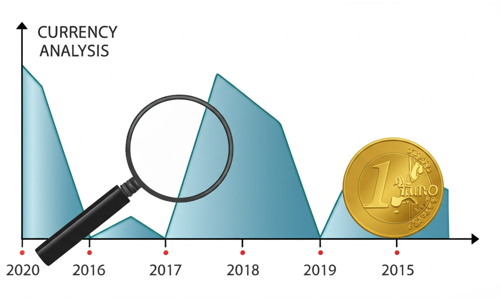 歐元硬幣在時間線上顯示歷史數據起伏,放大鏡檢查歐元當前位置的貨幣歷史分析插圖